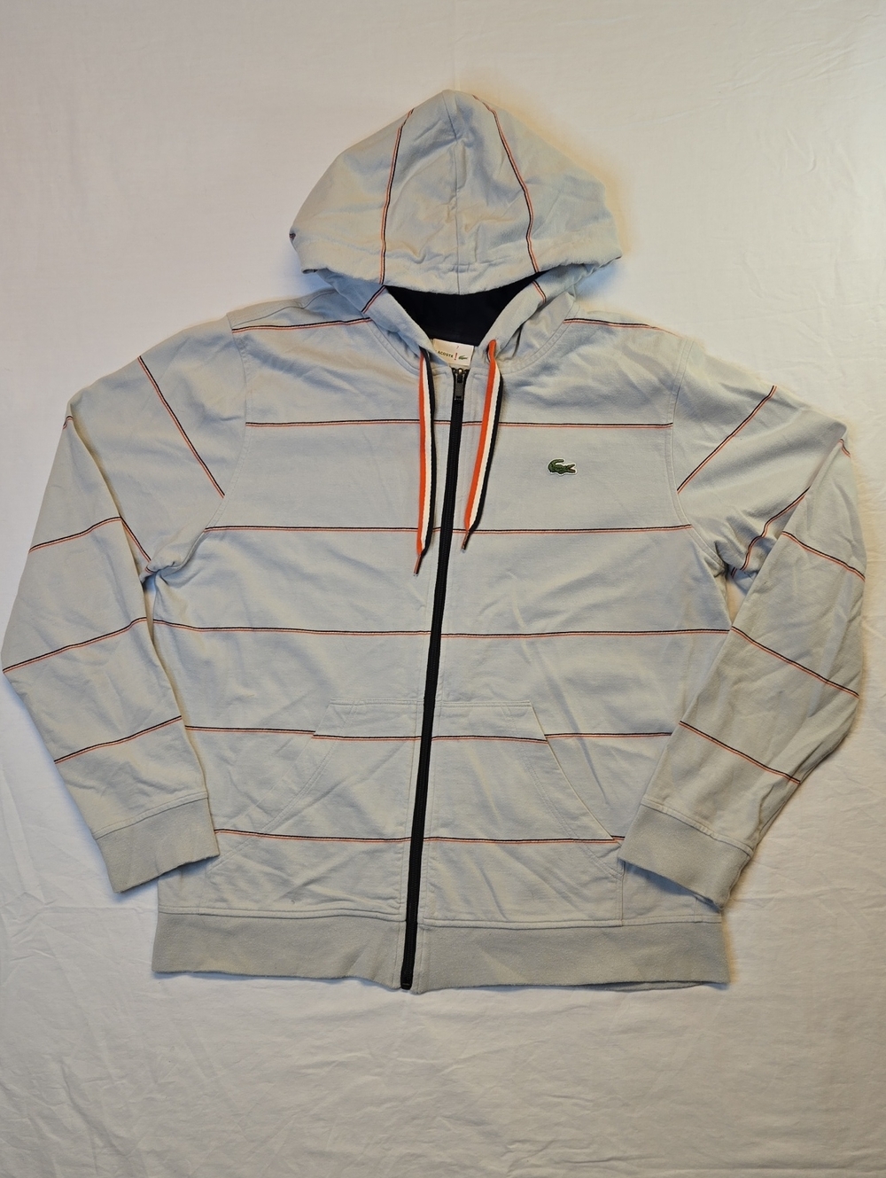 Lacoste Light Blue Full Zip Hoodie Sweater with Navy, White & Red Stripes
